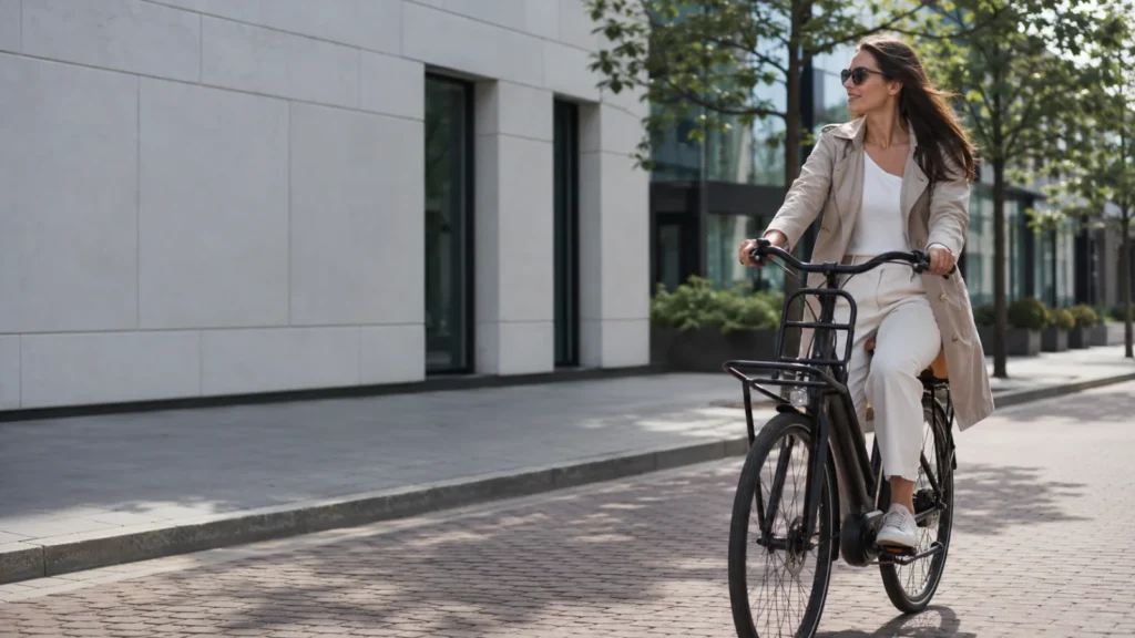 Werknemer met e-bike voor een kantoorpand